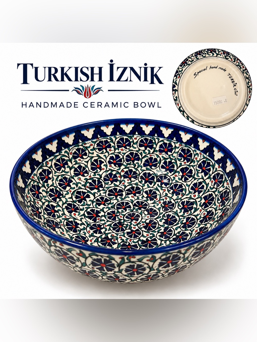 Hand Painted Turkish Iznik Cini Pottery Bowl Blue Floral Signed Handmade